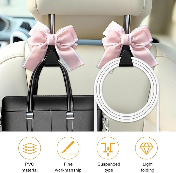Cute Bow Car Seat Headrest Hooks, 2PCS Multifunctional Vehicle Rear Seat Hanging Hooks, Automotive Interior Seatback Storage Organizer for Purses Bags, Universal for SUV Sedan Truck (Pink)