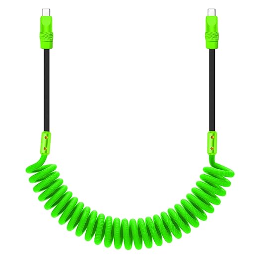 chubbycable Curly Chubby 240W Coiled USB C Cable Retractable Fast Charging Cable for Car Charger Cord Compatible with iPhone 17-15 Series, Green+Black, Type-C to Type-C, 2.29FT-3.6FT