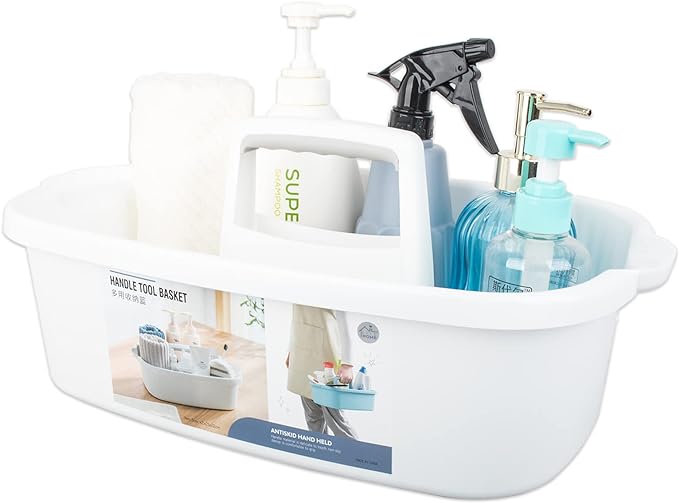 Large Cleaning Supplies Caddy Portable Shower Basket Supply Organizer with Handle Plastic Bucket Tool Storage for Bathroom, Bedroom, Kitchen, College Dorm, Garden, White
