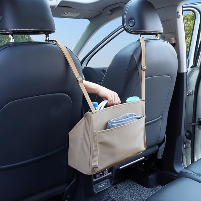 Car Handbag Purse Holder Between Seats Leather Car Front Seat Storage Bag Large Capacity Car Organizers for Book Document Phone Bottle Tissue Toy (Beige Style-1)