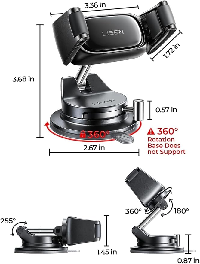 LISEN Suction Phone Mount, [Industry First] Auto-Adjusting Phone Holder Suction, Easy One Touch Suction Cup Phone Mount Cell Phone Mount Car Dash for iPhone 17 Pro Max 16 15 14 Galaxy S26 25 All Cases