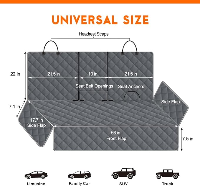 Yuntec Dog Car Cover for Back Seat Pet Protector Waterproof Bench Car Seat Cover, Nonslip Rear Seat Cover fits Middle Armrest for Most Cars Trucks SUVs - Grey