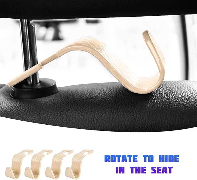 Car Seat Headrest Hooks, 4PCS Carbon Fiber Vehicle Back Seat Storage Hanger Holder for Hangbag Coat Grocery, Automotive Interior Headrest Hook Organizer, Universal for Vehicles (Beige)