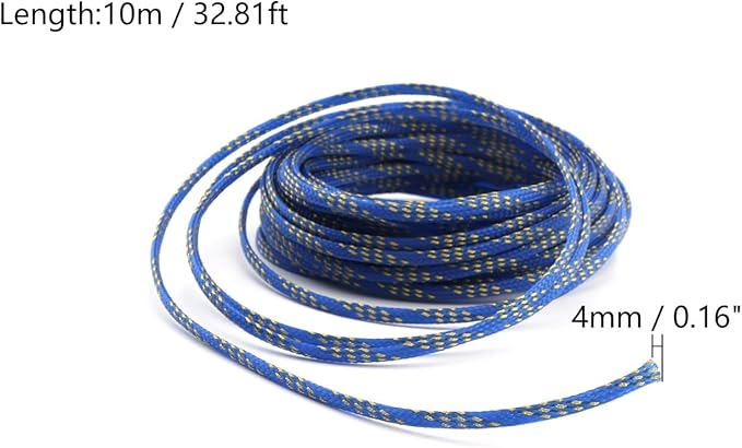 Aicosineg Cable Sleeve Braided Sleeving PET Wire Loom Tubing Cable 32.81ft-1/6inch Wrap Protector for HiFi Audio and Video Headphone Cable Protect Wires from Chewing of Pets Blue and Gold
