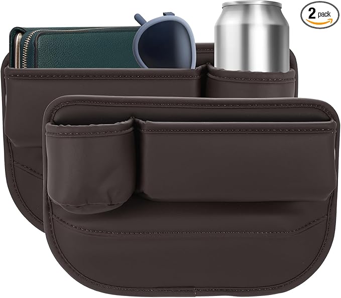 HARFINGTON 2pcs Car Seat Gap Filler Organizer 11.8 x 8.3 x 2.2 Inch PU Universal Car Organizer Storage Box Between Seat and Console (Left+Right) with Cup Holders for Phone Keys, Brown