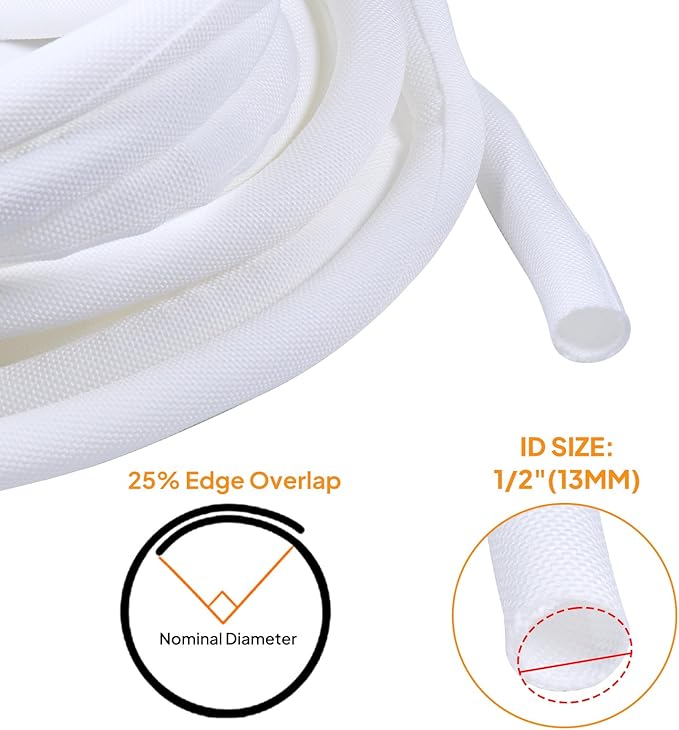 Self-Closing Split Braided Cable Organizer,Curly Cord Protector for Car High Temp Harness Sleeve/Computer Desk Audio Wire Covers (White 1/2"-22ft)