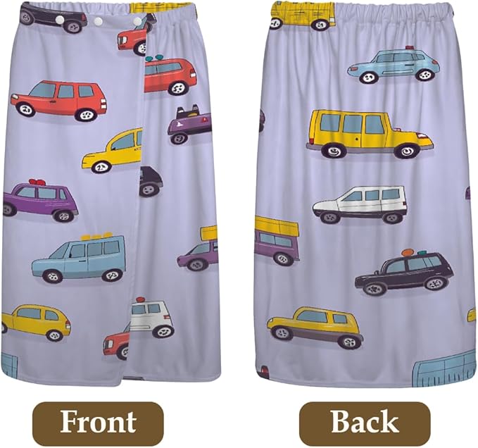 Women's Bath Wrap Cute Cars Pattern Absorbent Shower Spa Body Bath Robe Wraps Bathrobe Towel with Adjustable Closure
