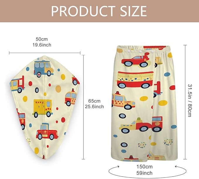 Women Bath Wrap Hair Towel Drying Cap Set Colorful Cars Bus Polka Dot Soft Absorbent Bathrobe Shower Wraps with Adjustable Closure Spa Bath Robe