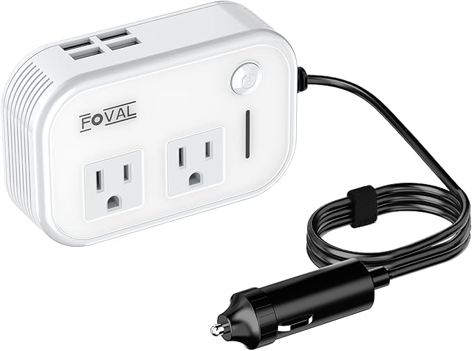 200W Car Power Inverter, FOVAL 12V DC to 110V AC Car Inverte with 4 USB Ports Car Outlet Adapter, Power Inverter for Vehicles, Car Plug Adapter Outlet for Laptop Computer Charger (White)