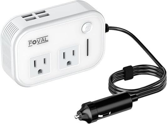 200W Car Power Inverter, FOVAL 12V DC to 110V AC Car Inverte with 4 USB Ports Car Outlet Adapter, Power Inverter for Vehicles, Car Plug Adapter Outlet for Laptop Computer Charger (White)