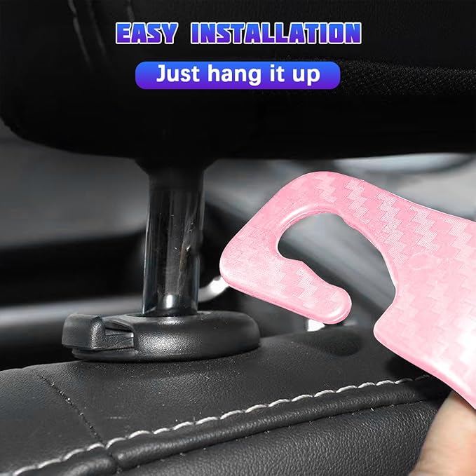 Car Seat Headrest Hooks, 4PCS Carbon Fiber Vehicle Back Seat Storage Hanger Holder for Hangbag Coat Grocery, Automotive Interior Headrest Hook Organizer, Universal for Vehicles (Pink)
