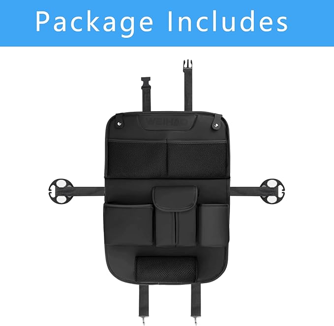 Backseat Car Organizer with Tray Foldable, Tissue Holder, Cup Holder, Leather Seat Back Car Storage Organizer for Family, Kids, Travel, Office Use, Universal Fit Sedans SUVs most Vehicles (Black-1PC)