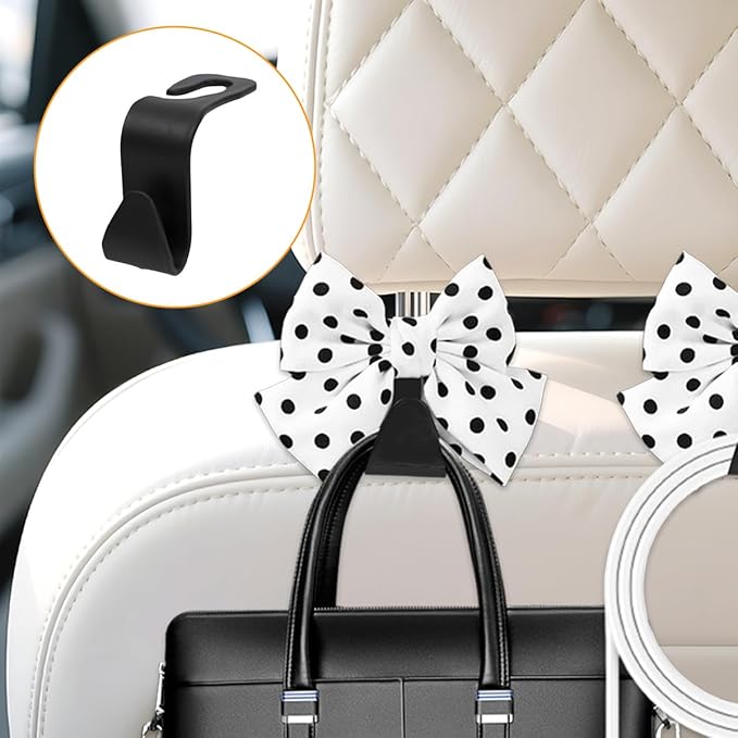Cute Bow Car Seat Headrest Hooks, 2PCS Multifunctional Vehicle Rear Seat Hanging Hooks, Automotive Interior Seatback Storage Organizer for Purses Bags, Universal Fit (White/Polka Dot)