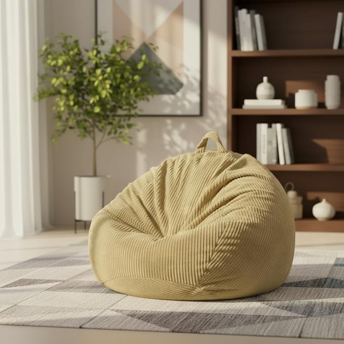 ZhenLives Stuffed Animal Storage Bean Bag Chair Cover, Cover Only (No Filler), Corduroy Toy Organizer Floor Cushion Seat, 48 in/120 cm Slipcover for Teens & Adults,Khaki