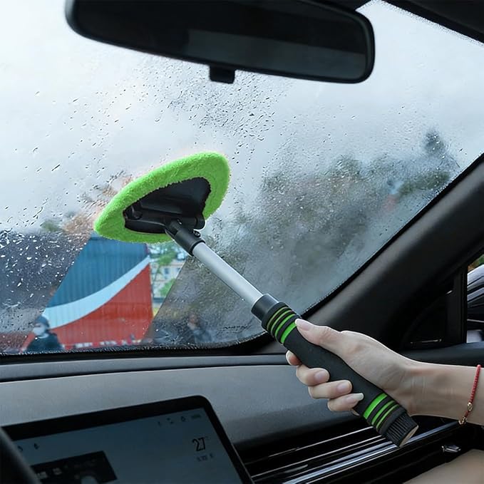 HZEL Car Windshield Cleaner Tool with Extendable Handle, Vehicle Glass Wiper Window Cleaning Tool with 2 Reusable Microfiber Pad, Auto Windscreen Detailing Cleaner Kit, Universal Fit (Triangle Green)