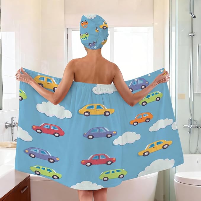 Women Bath Wrap Hair Towel Drying Cap Set Cute Adorable Cars Soft Absorbent Bathrobe Shower Wraps with Adjustable Closure Spa Bath Robe