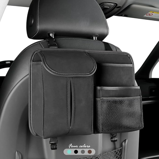 JEYODA Car Seat Back Organizer Large Capacity Car Seat Back Storage Bag with Hook Suede Car Tissue Box (Black)