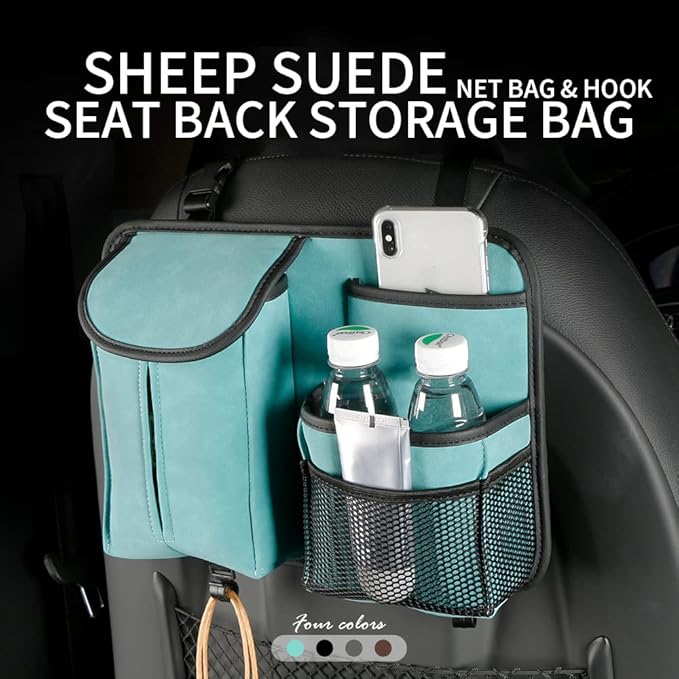 JEYODA Car Seat Back Organizer Large Capacity Car Seat Back Storage Bag with Hook Suede Car Tissue Box (Blue)