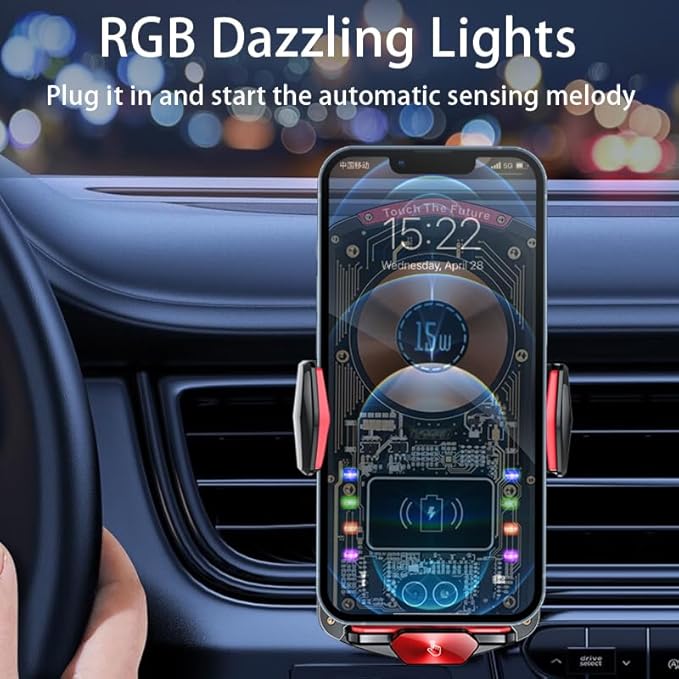 Wireless Car Charger Mount,Phone Holder,15W Fast Charging, Air Vent Clamp,Auto Clamping,360° Rotating Ball Joint,Transparent Case,Compatible with iPhone 17/16/15/14/13/12/11/10, Samsung Galaxy Series
