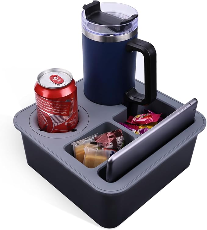 Car Cup Holder Tray Bonfixe 4-Inch Anti-Spill Design - Stable Backseat Organizer with Anti-Slip Pads | Food-Grade Silicone Couch Caddy for Car, Truck, Home, Office (Black-Grey)