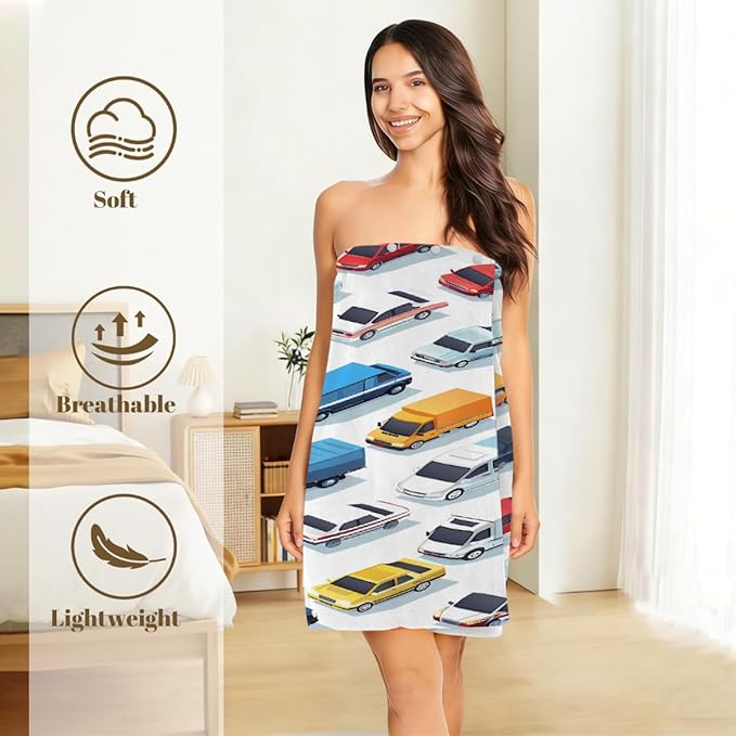 Women's Bath Wrap Colorful Cars Trucks Pattern Absorbent Shower Spa Body Bath Robe Wraps Bathrobe Towel with Adjustable Closure
