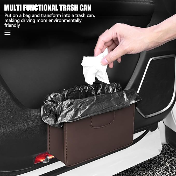 Car Trash Can, Leather Auto Garbage Bin, Magnetic Litter Storage Container, Mini Portable Foldable Vehicle Interior Hanging Dustbin Accessories, Universal for SUV, Truck, RV（Brown）