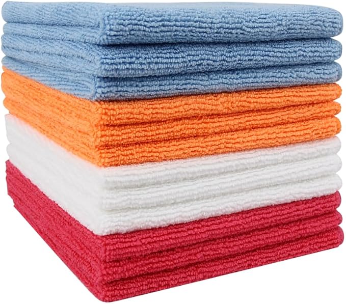 Tricol Clean Professional Microfiber Cleaning Cloth 12 Value Pack 12 x 12 inch (Commerical Grade, Extra Thick, Extra Absorbant, Dry Fast, Lint Free, 300GSM) (Blue, White, Orange, Red)