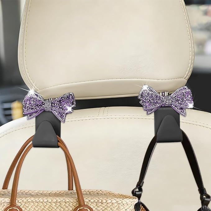 Zpana Bling Car Headreat Hook, 2PCS Crystal Rhinestone Cute Bow Vehicle Seat Back Hanger Storage for Purses Bags Grocery, Diamond Auto Rear Seat Organizer, Universal for SUV Truck Sedan (Purple)