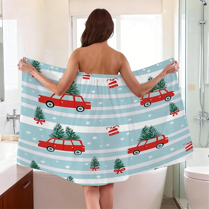 Towel Wrap for Women, Wearable Towel Dress Spa bathrobe with Adjustable Closure(Christmas Car Cartoon Stripes)