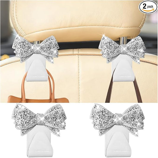 2PCS Bling Bow Car Seat Headrest Hook, Lovely Crystal Rhinestone Back Seat Storage Organizer for Handbag Purse Coat, Girly Sparkling Diamond Backseat Bag Hanger Holder, Universal Fit (White)