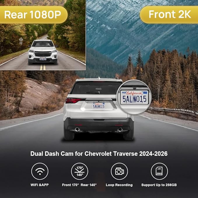 Fitcamx Front 2K+Rear 1080P Dash Cam Adapts for Chevy Traverse 2024-2026 (HD2-D5300) LT LS RS Z71 High Country, OEM Style, Dual HD Video, Loop Recording, WiFi & APP, G-Sensor, Easy to Set, 64GB Card