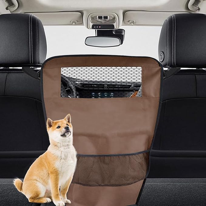 Dog Car Net Barrier Between Seats - Pet Barrier Vehicle Travel Dog Fence with Mesh Window for Safe Driving - Vehicle Divider Car Backseat Barrier Storage Bag for SUVs and Trucks (Brown)