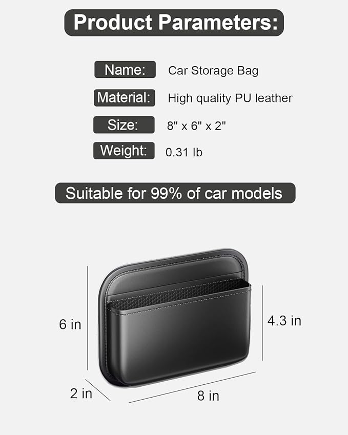 Driver's Car Storage Bag, Small Car Side Pocket Organizer for Car Seats, Doors and Consoles, PU Leather (Black)