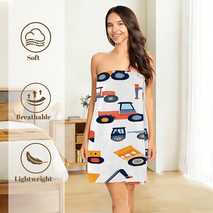 Women's Bath Wrap Cars Pattern Absorbent Shower Spa Body Bath Robe Wraps Bathrobe Towel with Adjustable Closure