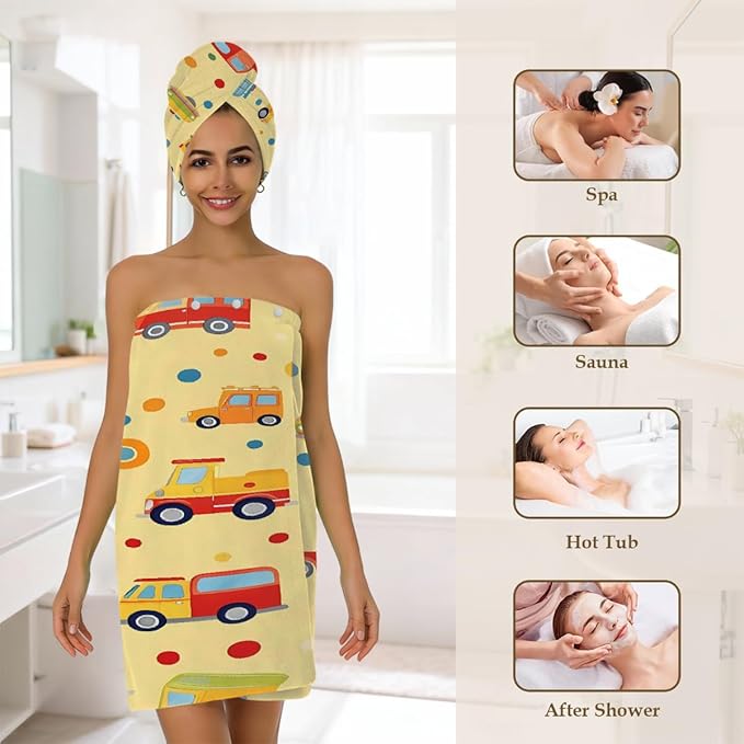 Women Bath Wrap Hair Towel Drying Cap Set Colorful Cars Bus Polka Dots Soft Absorbent Bathrobe Shower Wraps with Adjustable Closure Spa Bath Robe