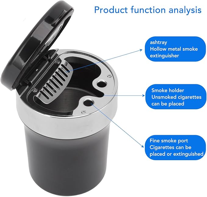 Fdit Portable Car Ashtray for Vehicles, Mini Car Trash Can with Detachable Lid, Detachable Ash Tray Stainless Steel Inside for Outdoor Travel, Home Use (Black Silver)