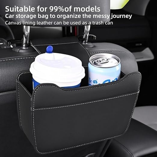 Car Leather Trash Can for Headrest, Hanging Garbage Bin, Waterproof Foldable Stroage Organizer for Car, Multipurpose Interior Accessories for SUV Truck RV Camping(Orange Seat headrest)