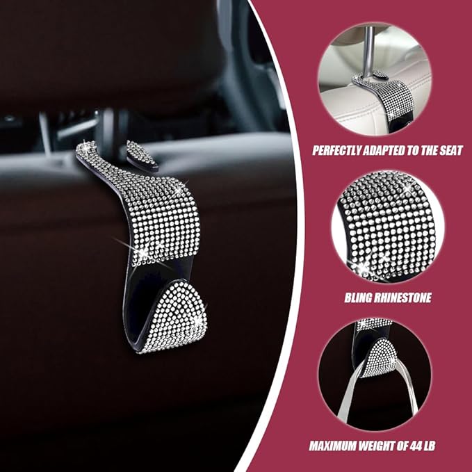 deemars 2 Pack Car Seat Headrest Hook, Bling Car Hooks Front Seat, Back Seat Organizer Hanger Storage Hook Car Purse Hook for Bags, Clothes, Coats, Grocery Bags (White)