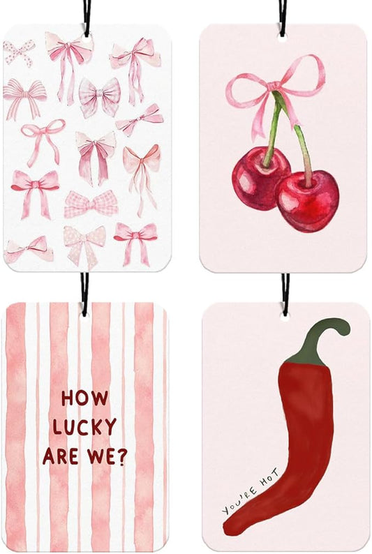 Pink Coquette Bows Car Air Freshener Hanging 4Pcs, Girly Pink Cherry Car Accessories Interior, You're Hot Chili Cherry Rearview Mirror for Cars, Cute Car Accessories Freshie for Women Girls(Vanilla)