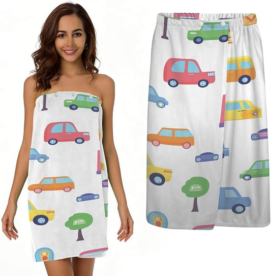Towel Wrap for Women, Wearable Towel Dress Spa bathrobe with Adjustable Closure(Colorful Cartoon Car)