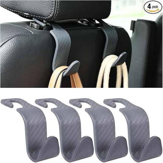 Hanemia 4PCS Car Seat Headrest Hooks, Auto Back Seat Hanger Holder, Durable Stylish Vehicle Organizer Universal Car Interior Accessories, Storage Hooks for Purses, Bags, Clothes (Carbon Fiber/Grey)