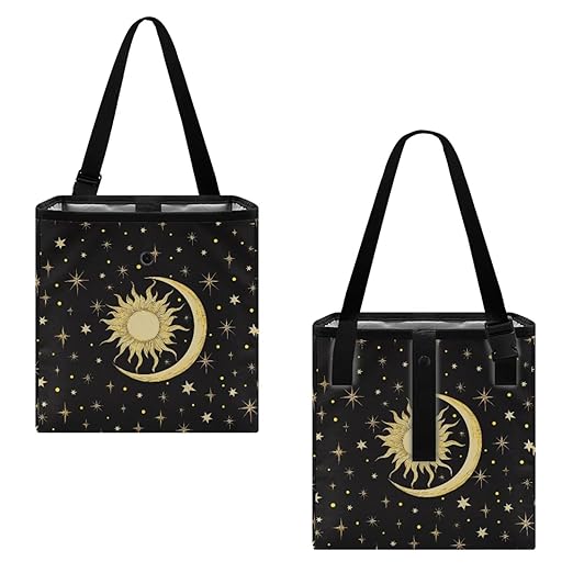 Car Trash Bag Hanging, Sun Moon Stars Pattern Garbage Bag and Water Resistant Trash Can for Car, Leakproof Trash Can for SUV Truck Car Accessories(Black)