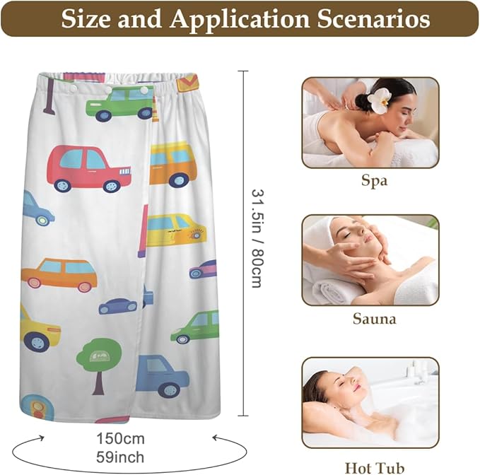 Towel Wrap for Women, Wearable Towel Dress Spa bathrobe with Adjustable Closure(Colorful Cartoon Car)