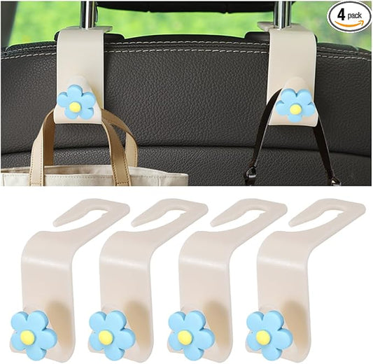 4 PCS Car Headrest Hook, Multifunctional Flower Vehicle Seat Back Storage Hook, Cute Automotive Seatback Organizer Hanger for Purse Grocery Bag Handbag, Universal Fit (Beige/Blue)