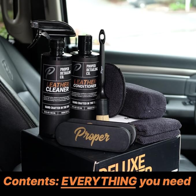 PROPER DETAILING CO. Car Leather Cleaner and Conditioner, Clean and Protect for long lasting leather, 9 Piece Deluxe Leather Care kit for professional results, leather car cleaner, conditioner leather