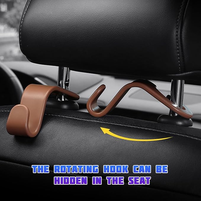 Car Seat Headrest Hooks, Multifunctional 4PCS Vehicle Back Seat Storage Hanger Holder for Hangbag Coat Grocery, Auto Interior Headrest Hook Organizer, Universal for Vehicles (Brown)