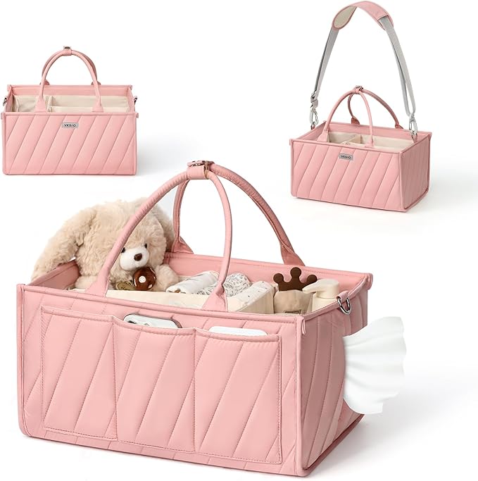 Pink Diaper Caddy Organizer – Portable Storage Basket with Shoulder Strap & Stroller Hooks, Splashproof Quilted Nursery & Car Tote for Baby Girl Shower Gift, Baby Registry, Blush Pink