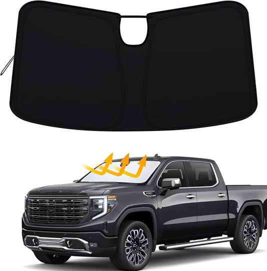 Windshield Sun Shade for 2022-2026 Refreshed Chevy Silverado 1500/GMC Sierra 1500, 2024-2026 Silverado/Sierra 2500HD 3500HD Front Windshiled Sun Visor UV Protection Foldable Sunshade