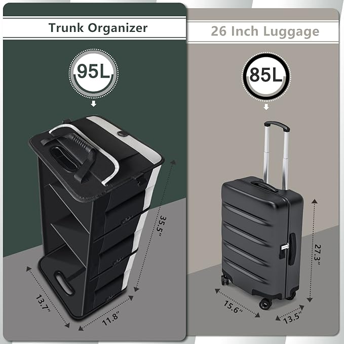 Trunk Organizer for Car, 95L Large Capacity Storage with Non-Slip Bottom Strips and 2 Retractable Straps, Cargo Organizer for Suv, Truck, Sedan, Waterproof Portable Car Organizers for Women Men