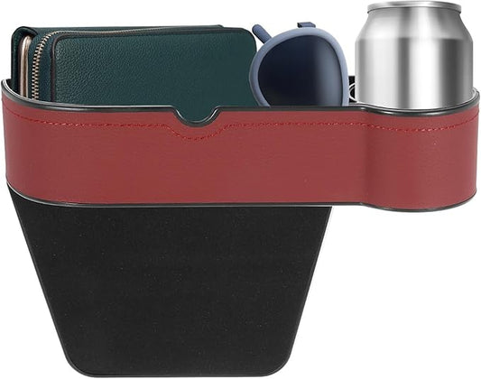 HARFINGTON Car Seat Gap Filler Organizer 10.6 x 7.1 x 2.8 Inch ABS+Leather Universal Car Organizer Storage Box Between Seat and Console (Right) with Cup Holders for Phone Keys, Wine Red